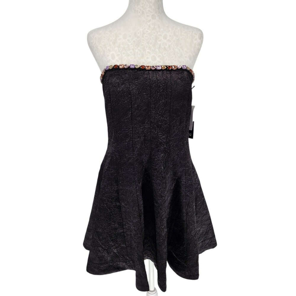 CeCe NWT CeCe Size 10 Rich Black Jewel Trim Textured Strapless A-Line Mini Dress